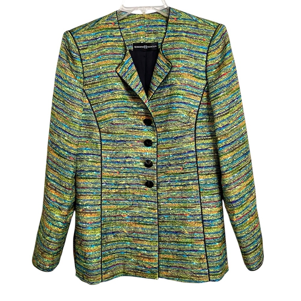 Roberto Quaglia Silk Blend Stripe Blazer EU38 US6 Green Gold Career Professional